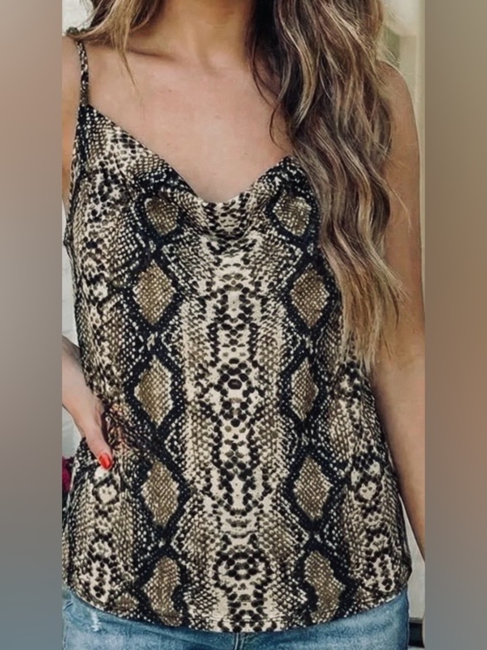 Snake Print Cowl Neck Camisole - Neutral Tones